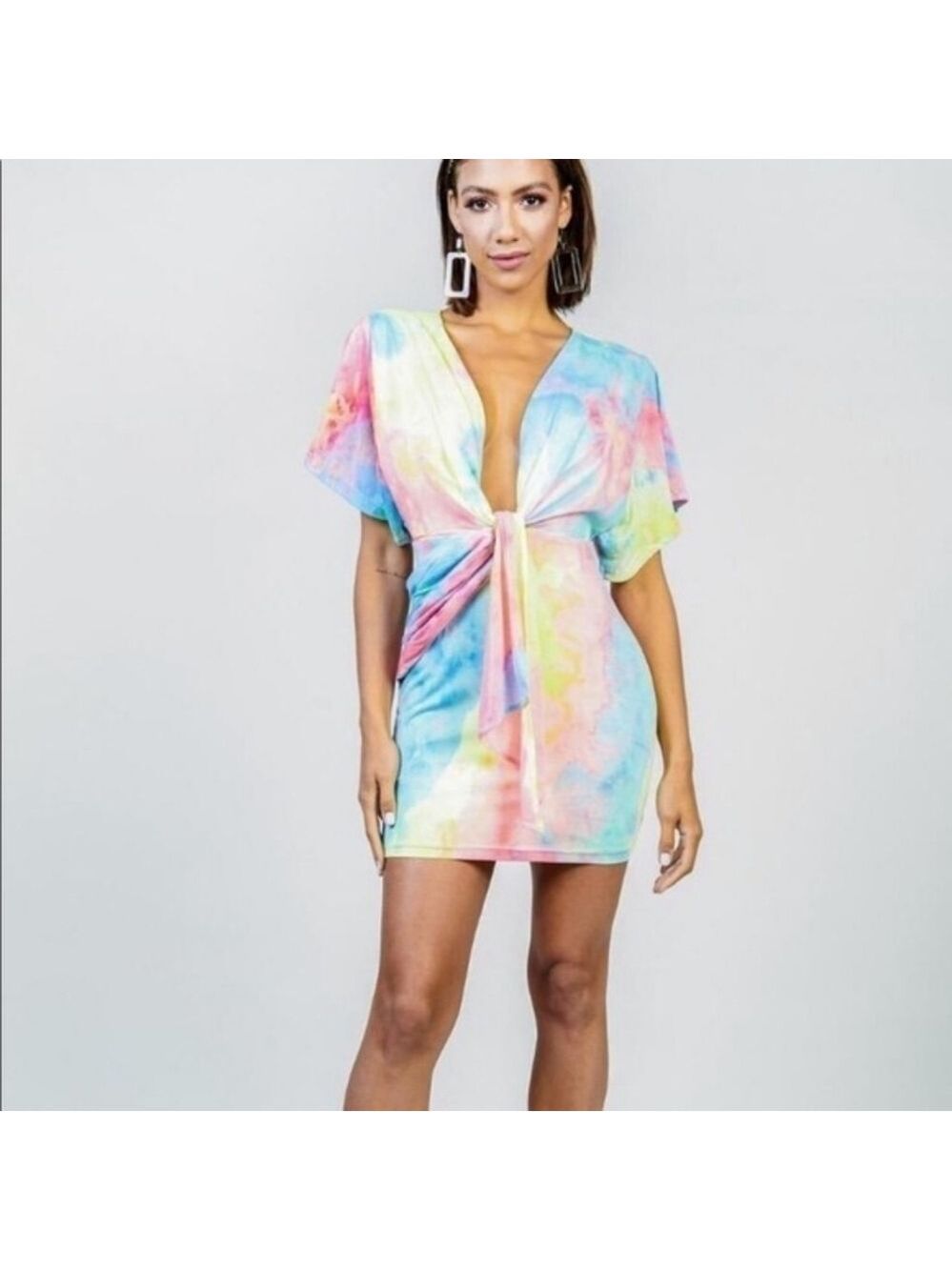 NWOT Latiste Tie Dye Colorful Plunge Dress